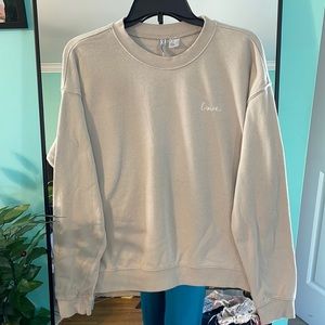 H&M Divided Sweatshirt Love Embroidered Beige Crewneck Pullover Women Size M‎
